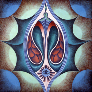 Mostly curvilinear, abstract shapes mostly in blues, browns and red inside of and surrounding a vulva-shaped image.