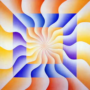 Square canvas with yellow, orange, and red gradations leading towards a center point. A square with purple and blue gradations surrounds the point.
