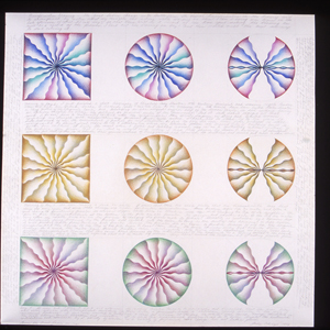 Paper covered in text and three rows of drawings of squares, circles, and butterfly shapes in gradated colors