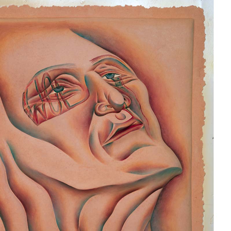 Painting in shades of pink, brown, and turquoise of a face with a wrinkled neck and writing over one eye looking upward