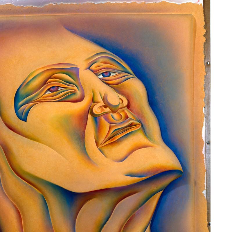 Painting in rainbow colors of a face with a wrinkled neck looking upward