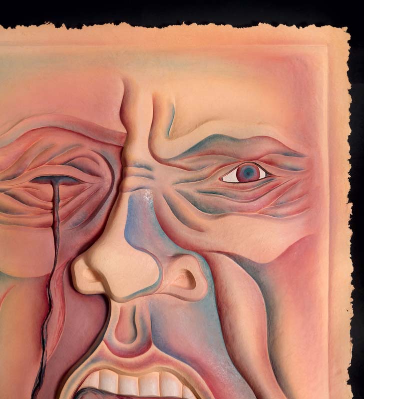 Painting of a wrinkled face in shades of pink, red, and turquoise with a tear dripping from a missing eye and an open mouth with handwriting in it