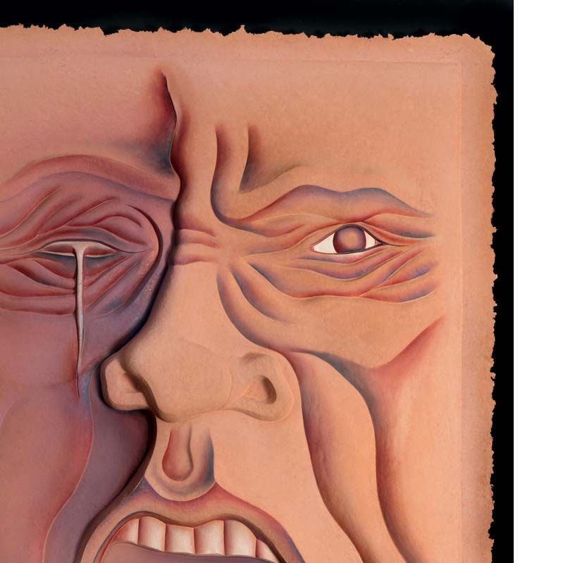 Painting of a wrinkled face in shades of pink and light purple with a tear dripping from a missing eye and an open mouth
