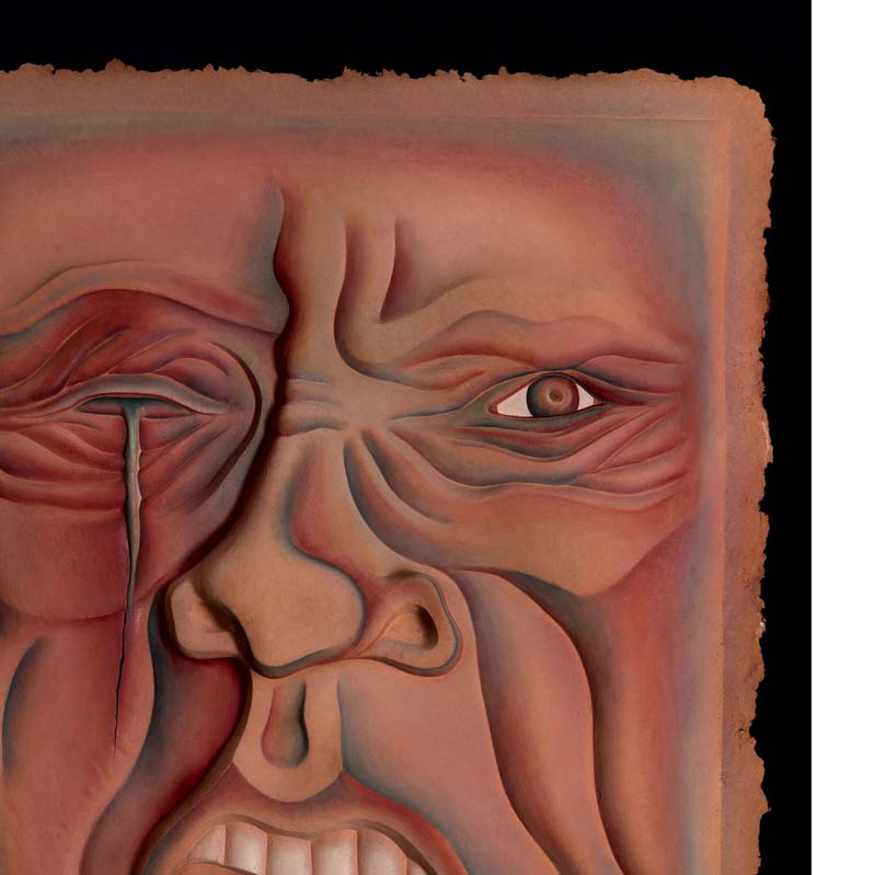 Painting of a wrinkled face in shades of pink, red, and light purple with a tear dripping from a missing eye and an open mouth