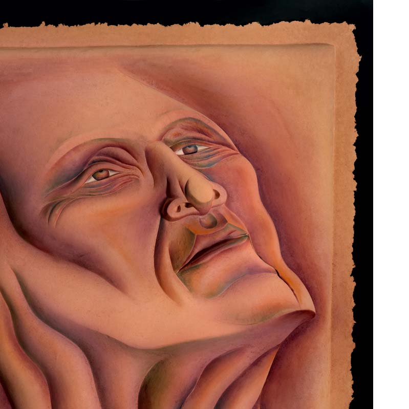 Painting in shades of pink, red, and brown of a face with a wrinkled neck looking upward