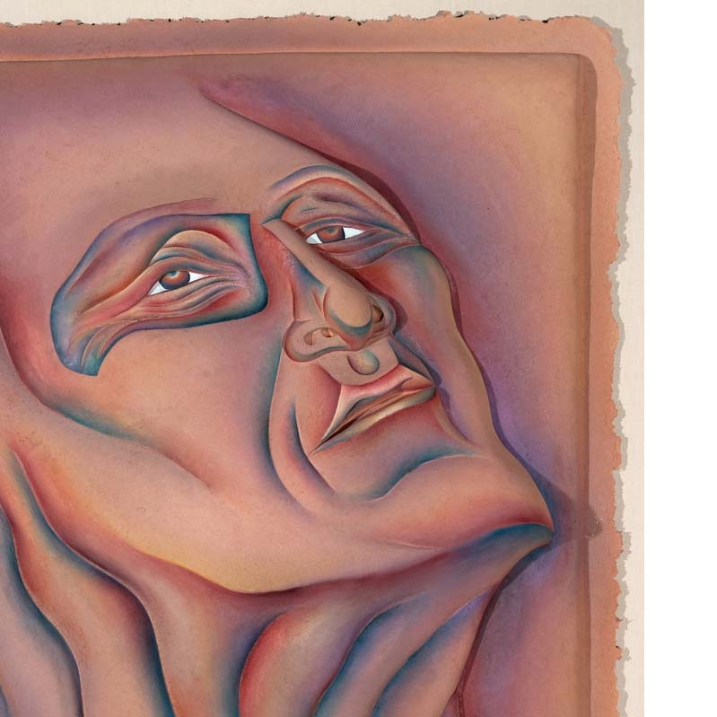 Painting in shades of pink, purple, and turquoise of a face with a wrinkled neck looking upward