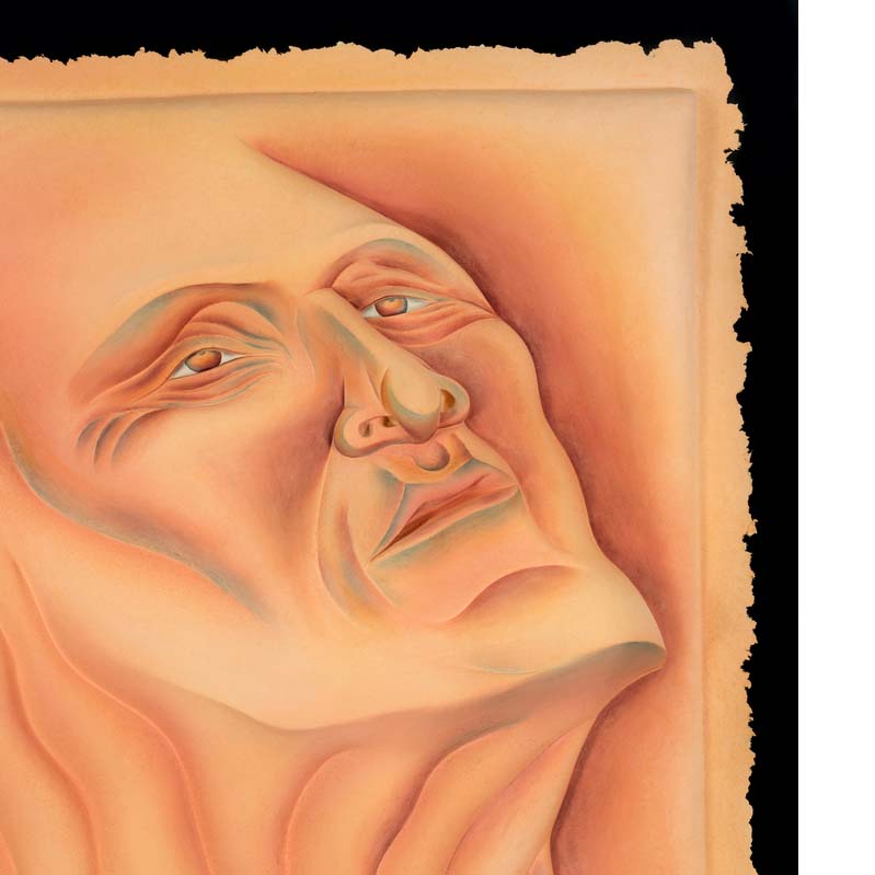 Painting in shades of beige, pink, and turquoise of a face with a wrinkled neck looking upward