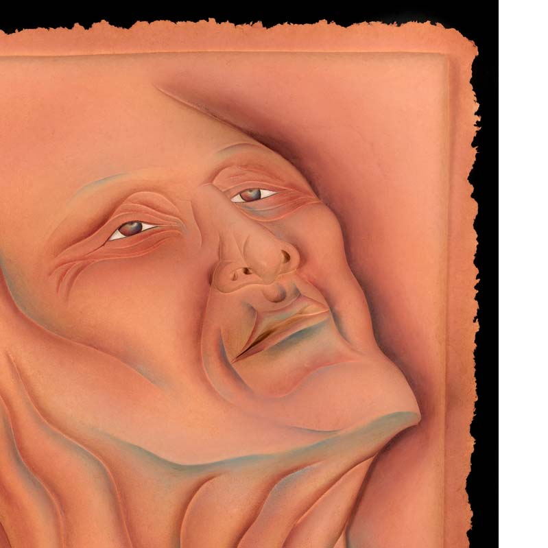 Painting in shades of pink and turquoise of a face with a wrinkled neck looking upward