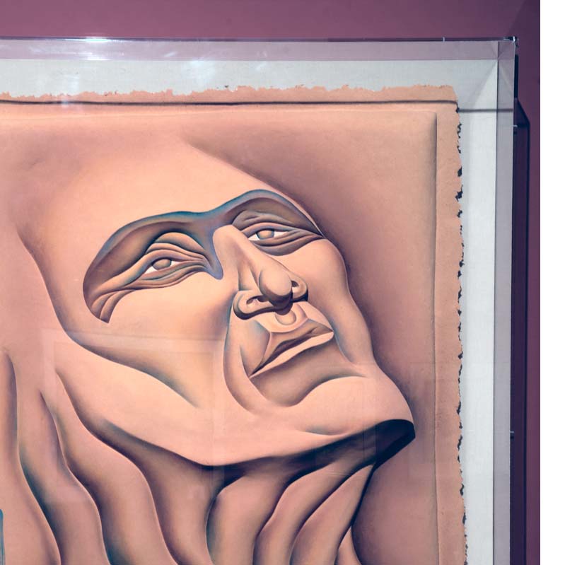 Framed painting in shades of pink, black, and blue of a face with a wrinkled neck looking upward