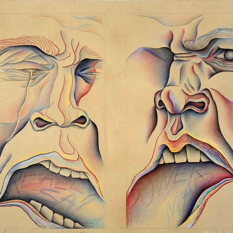Drawing of two wrinkled faces in rainbow colors on beige paper with open mouths with handwriting inside and where the face on the left is crying and the one on the right is missing an eye