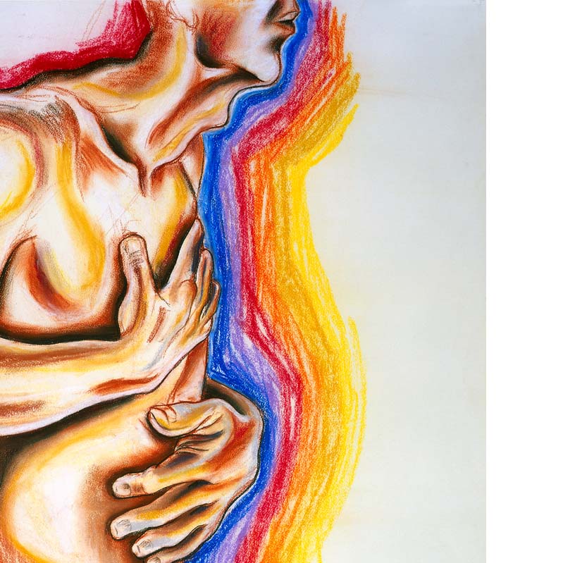 Drawing of a nude man in rainbow colors clutching his chest and belly