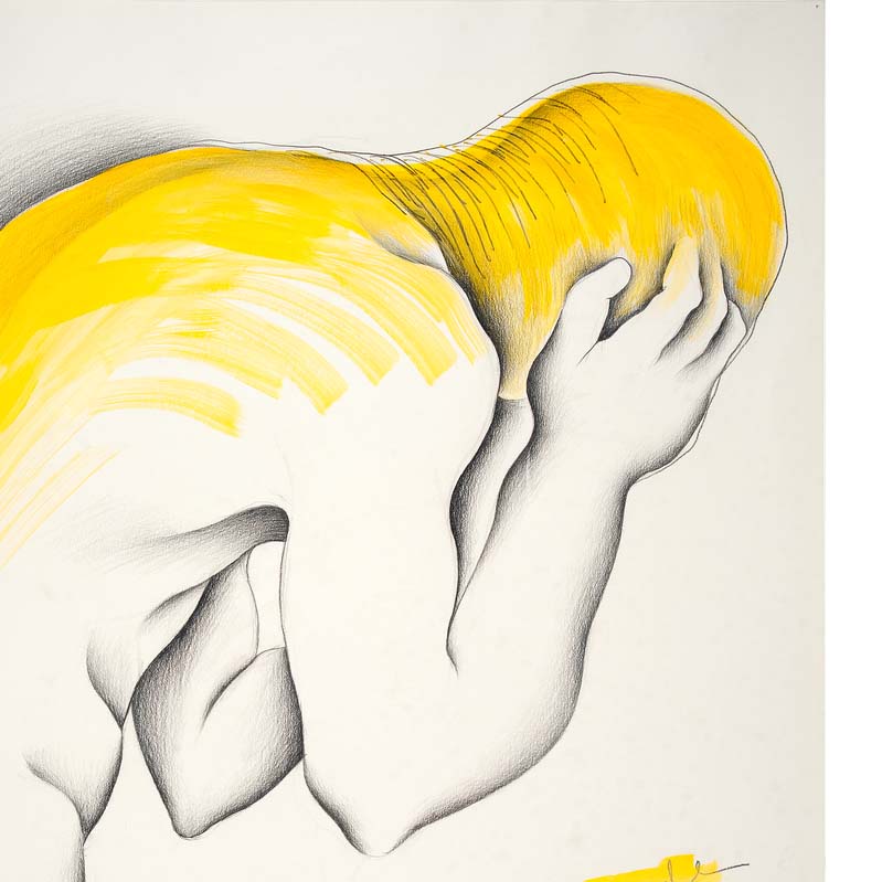 Drawing in black and yellow of a man bent over and holding his hands to his head Annotated with handwriting below