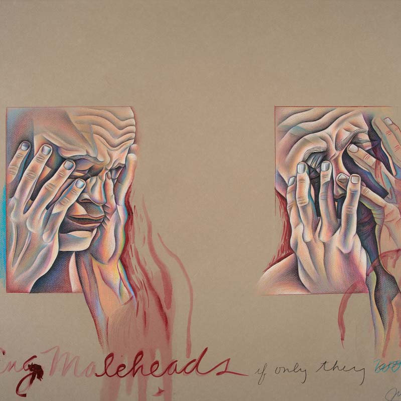 Drawing in shades of pink, red, and turquoise of two men holding their hands to their faces and crying annotated with handwriting on tan paper