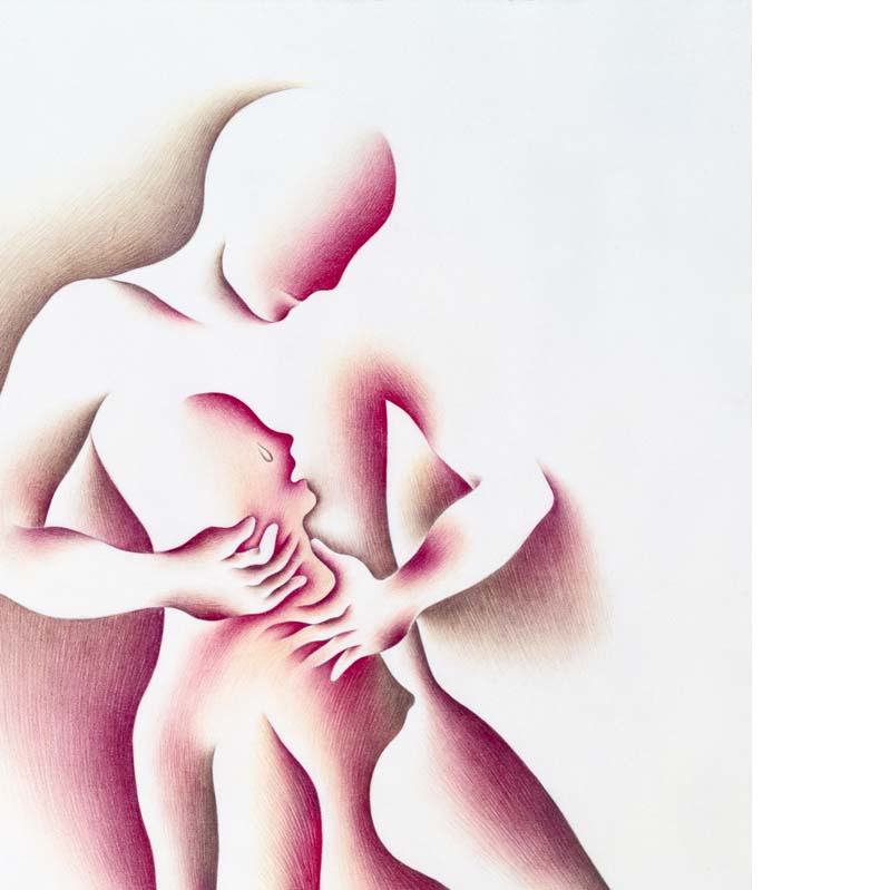 Drawing in shades of pink and brown of a man choking a woman