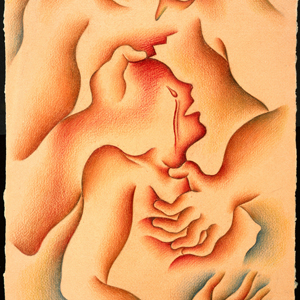 Drawing in shades of pink, red, and blue of a man clutching a crying woman's breast
