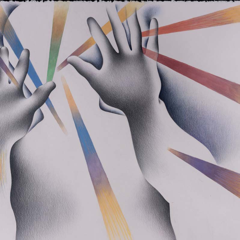 Drawing in black and rainbow colors of two hands reaching upwards, intersected with rainbow spikes