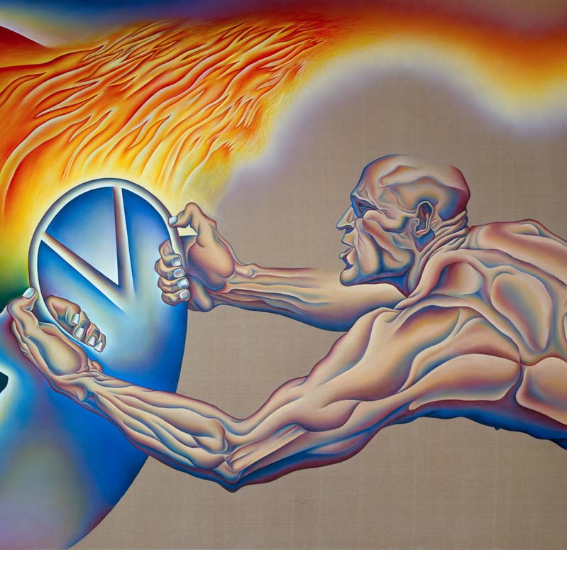 Painting of a muscular nude man holding a steering wheel below flames