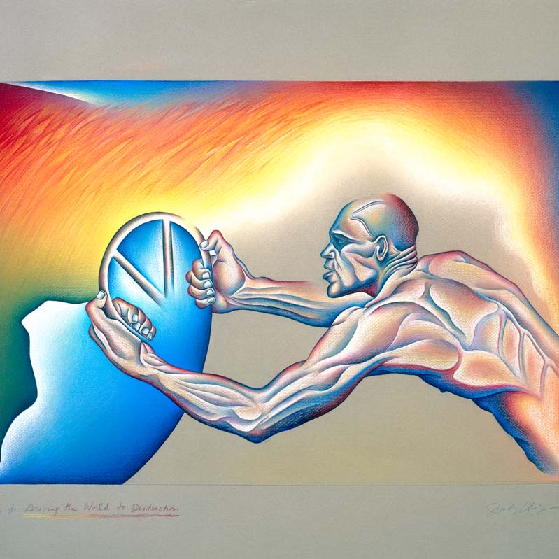 Painting of a muscular nude man holding a steering wheel amid rainbow streaks of color