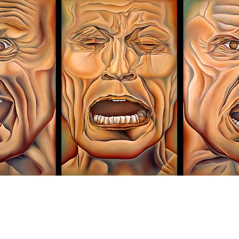 Painting in earth tones of three male faces with different expressions