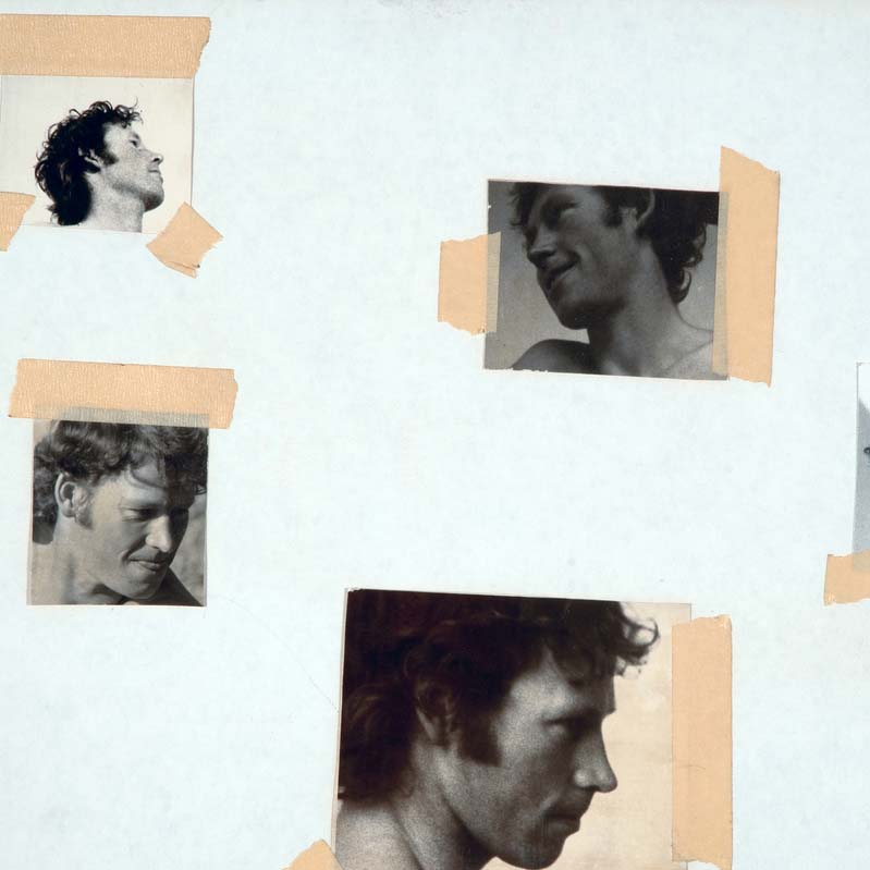 Five different black and white photographs of a man's head taped to a white surface