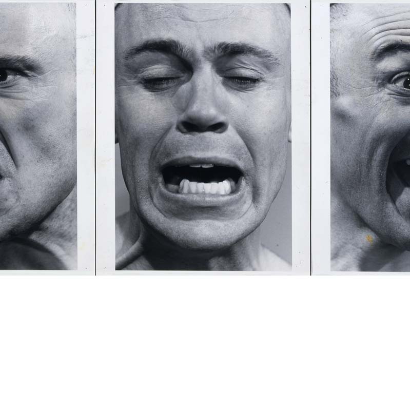 Three black and white photographs of a man's face making different facial expressions