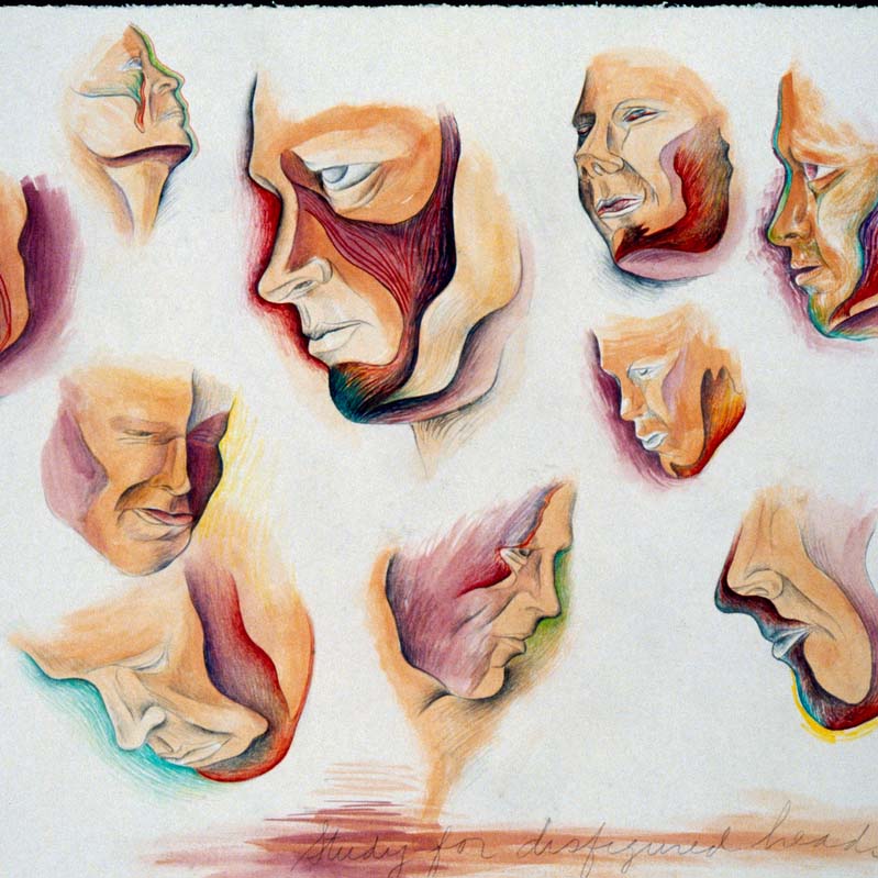 Drawing in shades of beige, red, green, and blue of ten heads in various poses