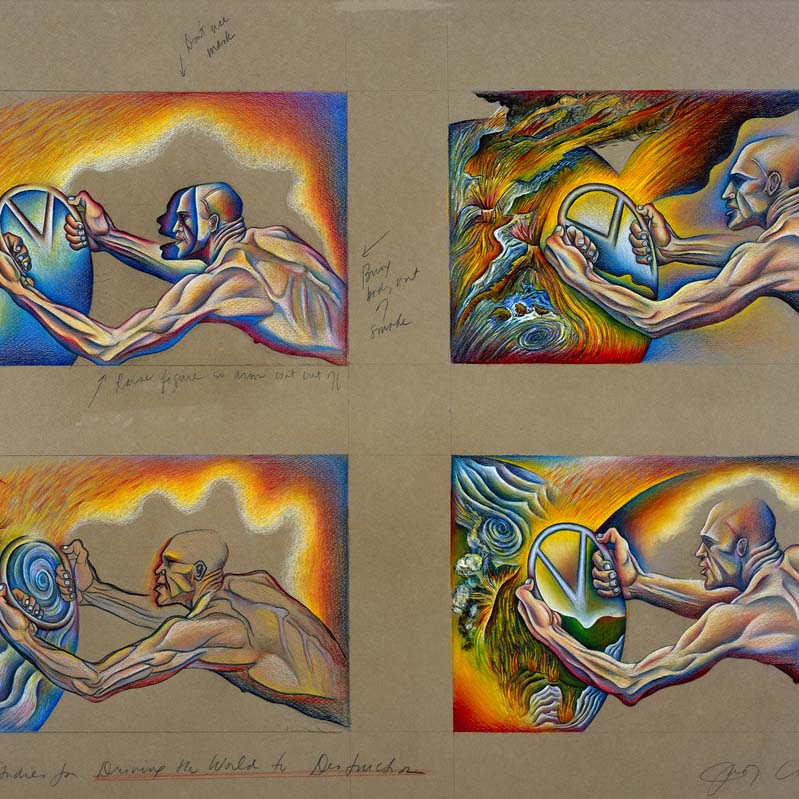 Drawing divided into four quadrants, each depicting a muscular nude man holding a steering wheel amid different multi-colored abstract and representational images annotated with handwriting on tan paper