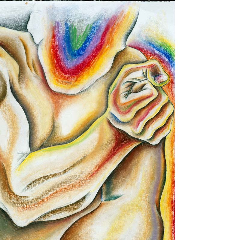 Drawing of a man in rainbow colors clenching his fists