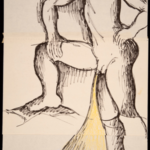 Drawing in black and yellow of a man propping up one leg and urinating