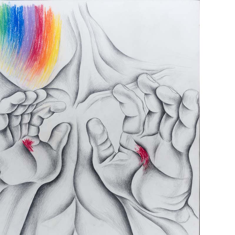 Drawing in black and rainbow colors of a man holding his hands up in front of his chest where his palms have red stigmata and his face is covered with rainbow stripes