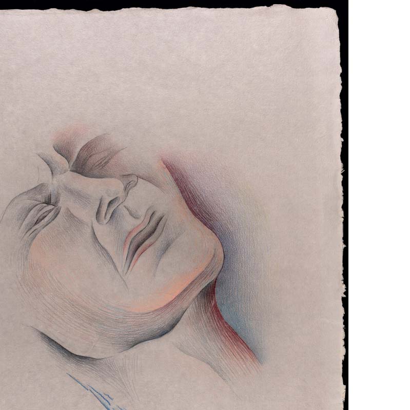 Drawing in shades of gray, pink, red, and blue of a reclining man's head He is clenching his eyes shut