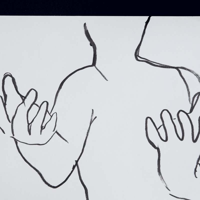 Drawing in black outline of a figure reaching hands toward the viewer