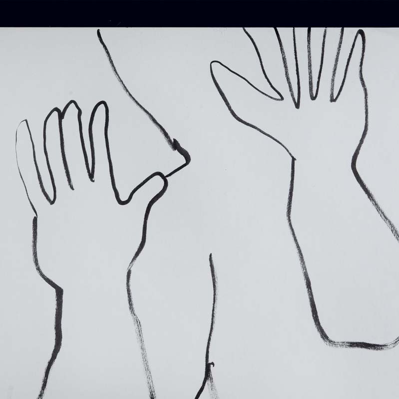 Drawing in black outline of a figure holding up hands