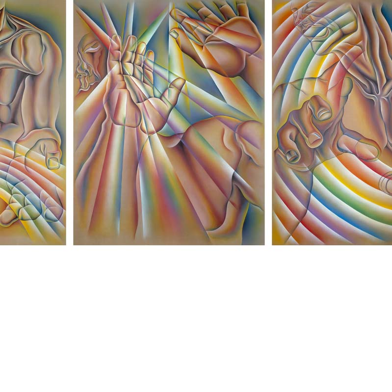 Painted triptych of three nude men reaching for or interacting with abstract rainbow shapes