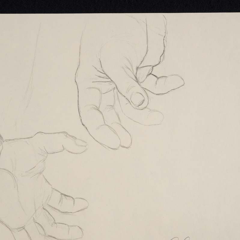 Black-and-white drawing of two hands reaching down with curving fingers