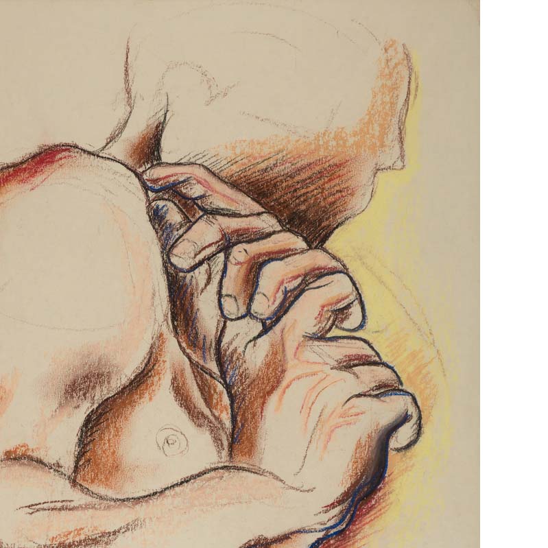Drawing in earth tones of a nude man clutching his hands near his shoulder