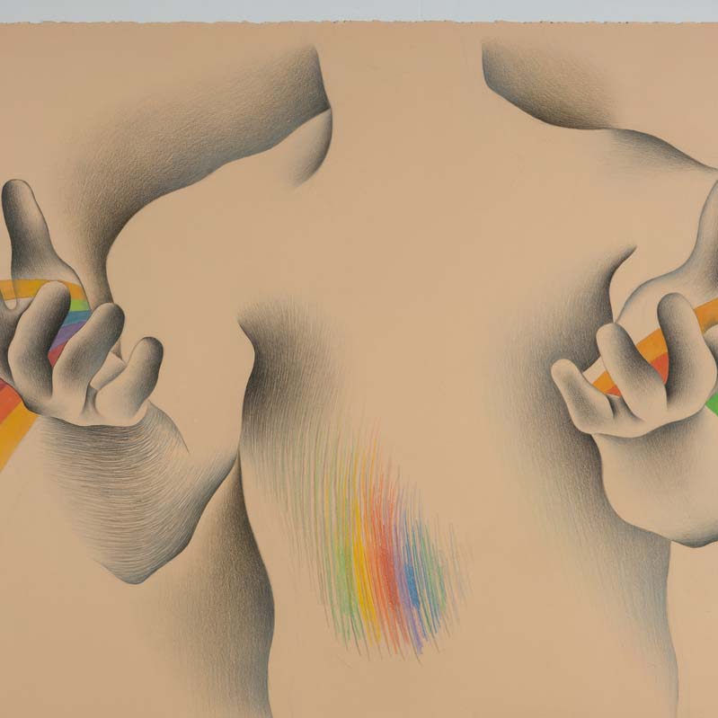 Drawing in black and rainbow colors of a man extending his hands towards the viewer with rainbows emanating from them