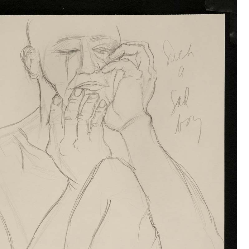 Black-and-white drawing of a nude man holding his hands to his face and crying