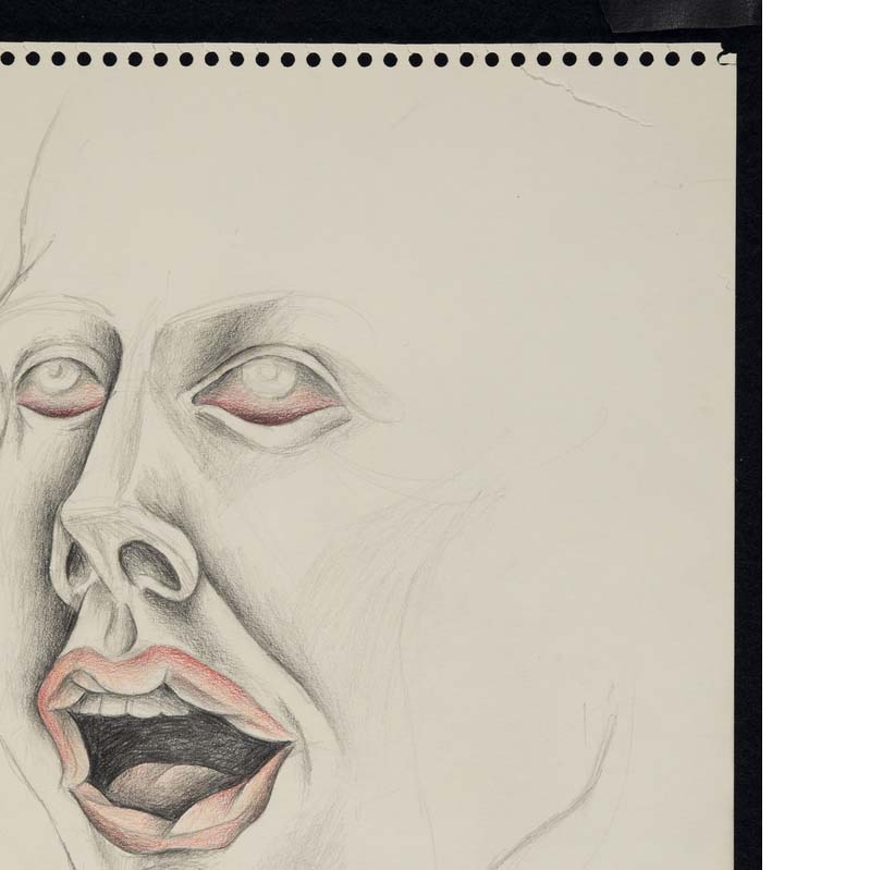 Drawing in shades of black and red of a face looking upward with an open mouth