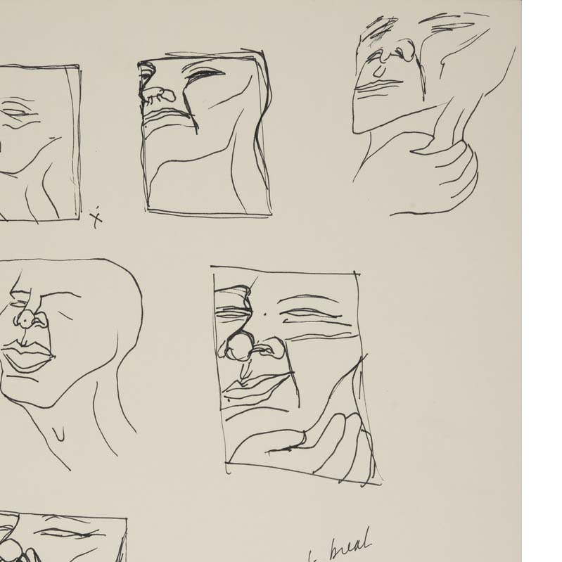 Black-and-white drawing of six faces with handwritten annotations below
