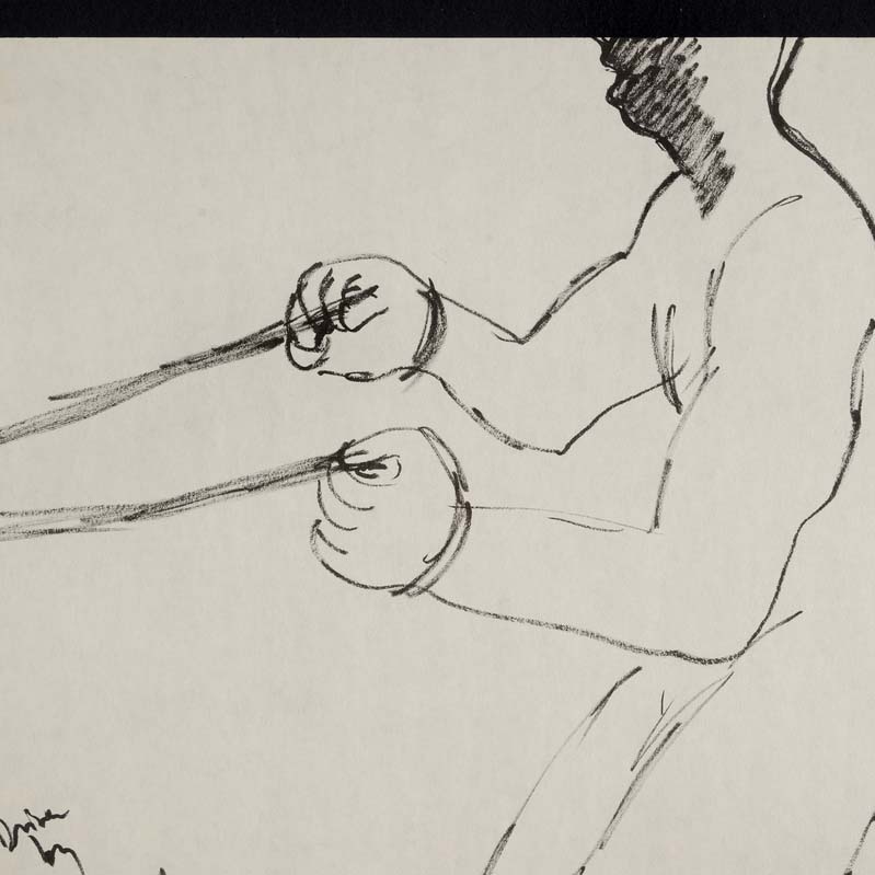 Black-and-white drawing of a nude man holding reins in his outstretched arms