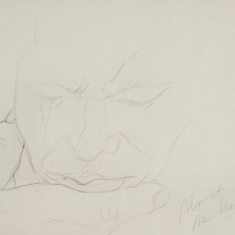 Black-and-white drawing of a man holding a hand to his face and crying with handwritten annotations
