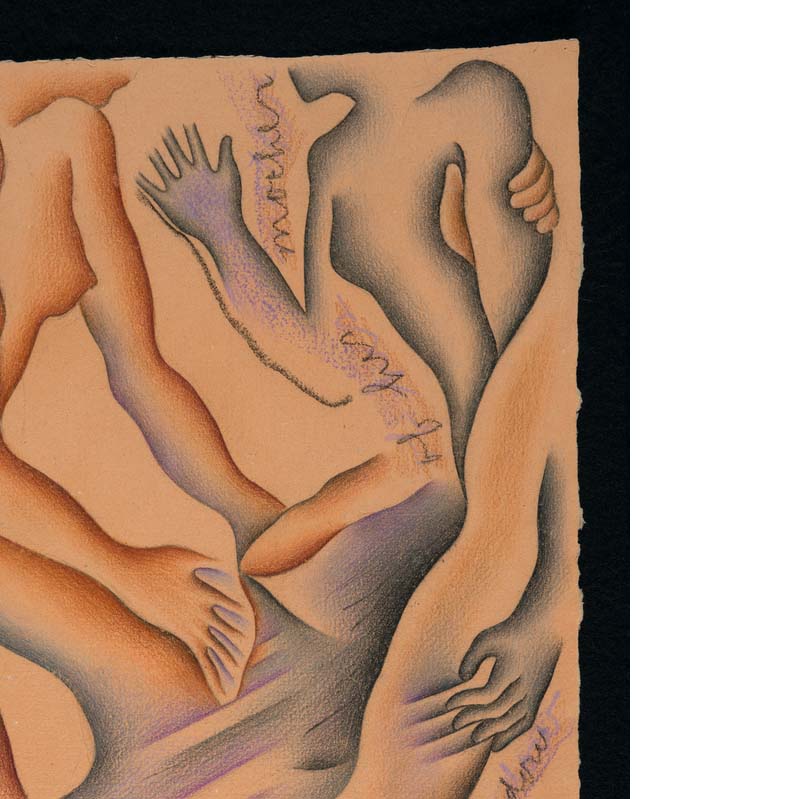 Drawing in shades of blue and orange of a nude man holding the arms of two nude women above him