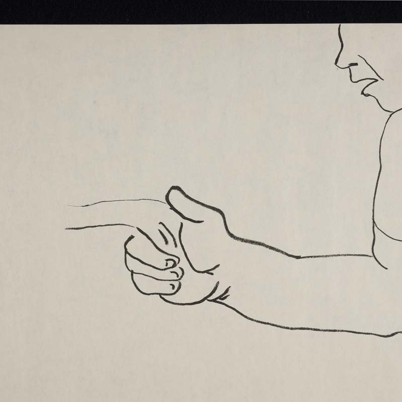 Black-and-white drawing of a man extending his hand in the shape of a gun