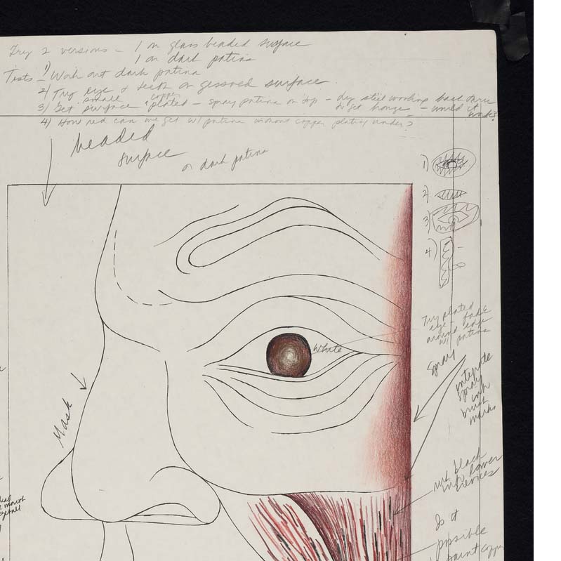 Drawing in black and red of a wrinkled face with an open mouth surrounded by handwritten annotations