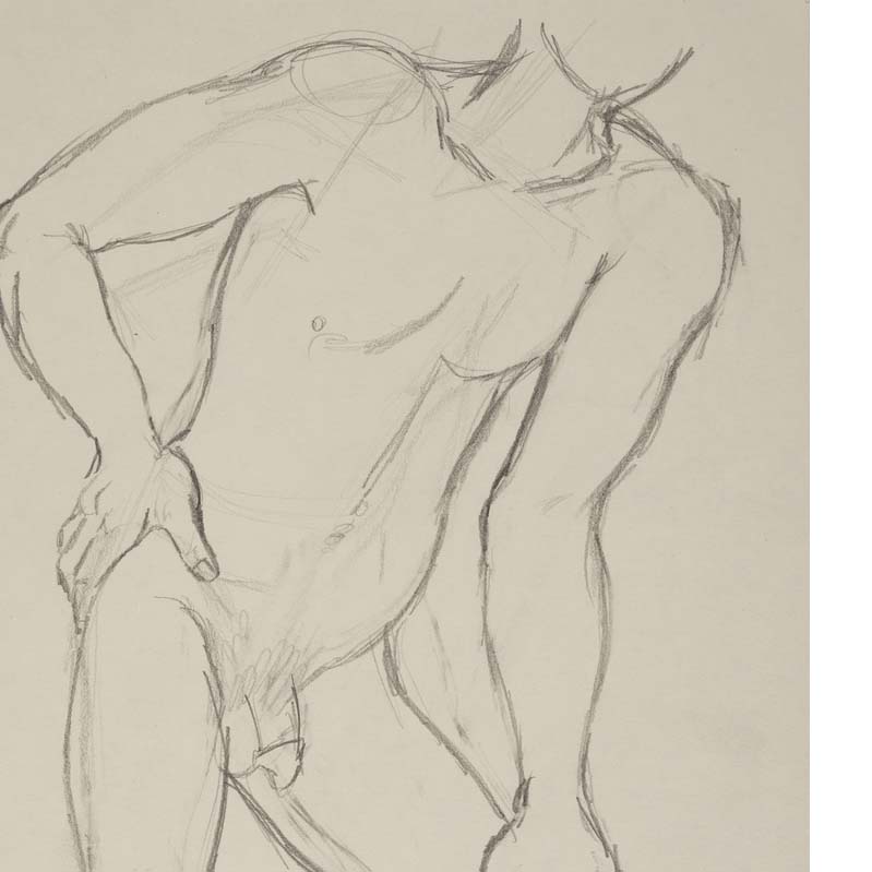 Black-and-white drawing of a nude man leaning forward and resting one hand on his knee