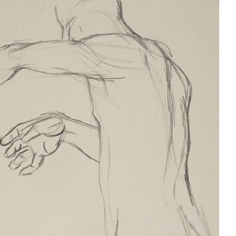 Black-and-white drawing of a nude man extending both arms