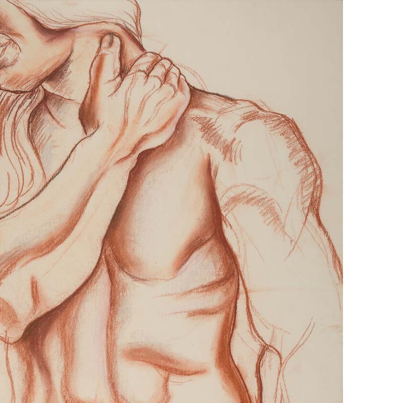 Drawing in red of a nude man with long hair placing his hand on his shoulder