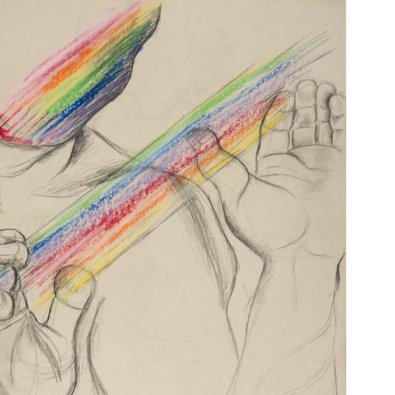 Drawing in black and rainbow colors of a man holding up his hands with rainbow stripes between them and rainbow stripes on his face