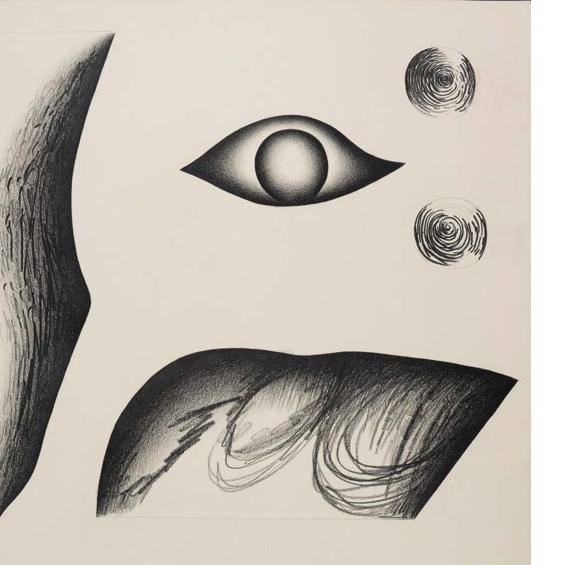 Black-and-white print of various abstract shapes and shapes resembling an eye and two nipples